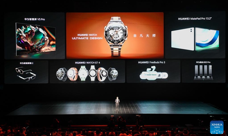 Products with the latest technologies are displayed at a product launch event of Huawei in Shenzhen, south China's Guangdong Province, Sept. 25, 2023. Chinese telecom giant Huawei held a product launch event on Monday in Shenzhen.(Photo: Xinhua)