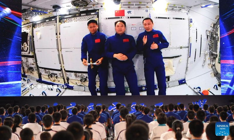 Students attend the fourth live class of the Tiangong Class series at Beihang University in Beijing, capital of China, Sept. 21, 2023. The fourth live class from China's space station was held on Thursday afternoon, delivered by the Shenzhou-16 astronauts Jing Haipeng, Zhu Yangzhu and Gui Haichao to students on Earth. Five classrooms are set on the ground, including one at Beihang University in Beijing.(Photo: Xinhua)