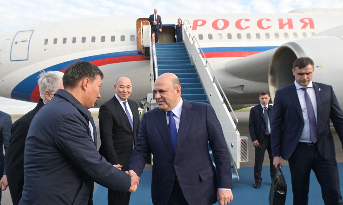 Russian Prime Minister Mikhail Mishustin is greeted at a welcome ceremony upon arrival at Almaty International Airport, Alamaty, Kazakhstan. Mishustin will attend an industrial expo in Astana, according to media reports. Photo: VCG