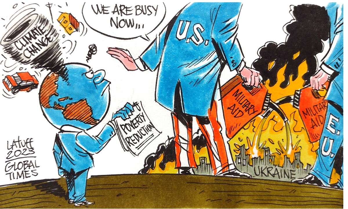 West invests heavily in weapons, but very little in global development. Cartoon:Carlos Latuff