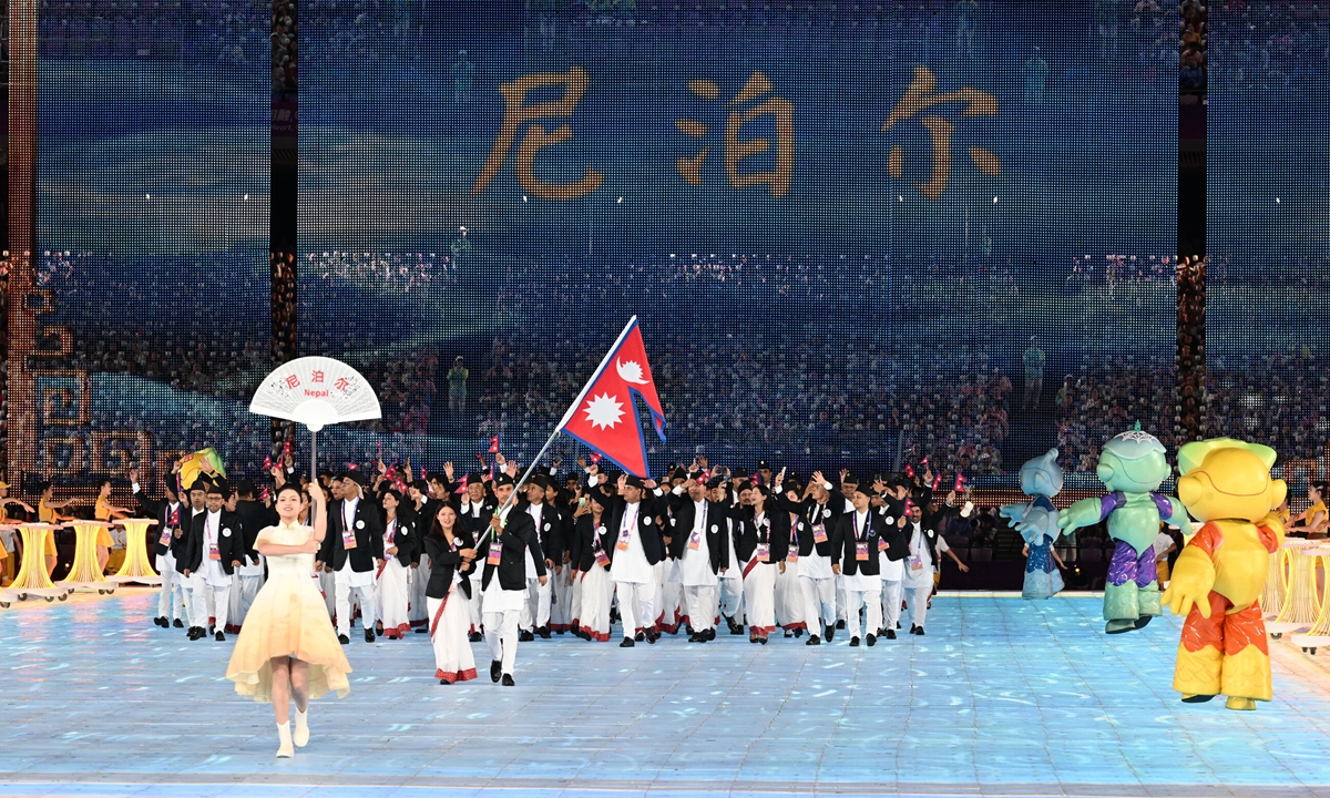 The Nepalese delegation enters the opening ceremony of the 19th Asian Games held in Hangzhou, East China's Zhejiang Province on September 23, 2023. Photo: Xinhua
