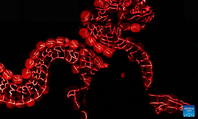 People look at a pumpkin carving during the 2023 Pumpkins After Dark event in Milton, Ontario, Canada, on Sept. 23, 2023. Featuring over 10,000 hand-carved pumpkins, the annual Canada's outdoor Halloween event is held here from Sept. 23 to Oct. 31. (Photo by Zou Zheng/Xinhua)