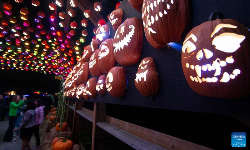 People visit the 2023 Pumpkins After Dark event in Milton, Ontario, Canada, on Sept. 23, 2023. Featuring over 10,000 hand-carved pumpkins, the annual Canada's outdoor Halloween event is held here from Sept. 23 to Oct. 31. (Photo by Zou Zheng/Xinhua)