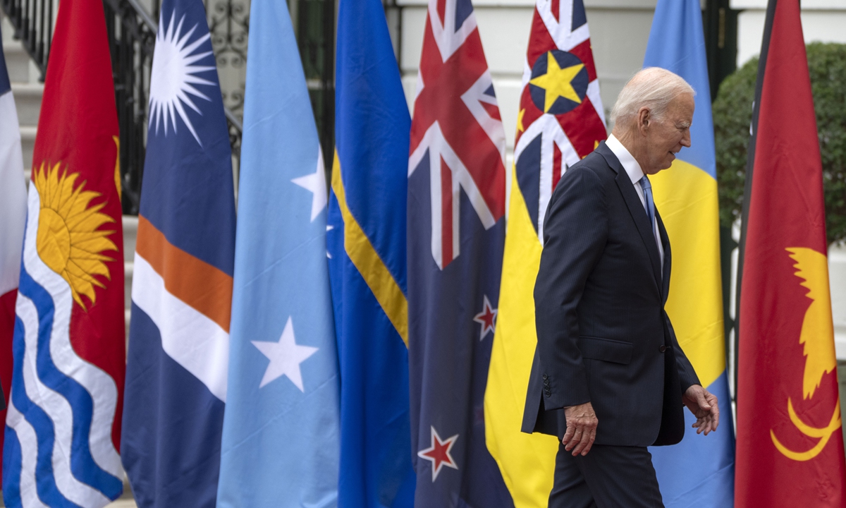 US President Joe Biden walks past flags of Pacific nations after a group photo with Pacific Islands Forum leaders at the White House in Washington on Sept. 25, 2023. Photo: VCG 