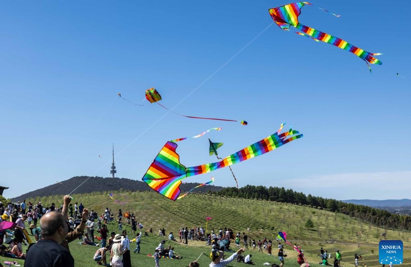 People gather for the Kite Fest at the National Arboretum Canberra in Canberra, Australia, Oct. 1, 2023. The National Arboretum Canberra held its yearly Kite Fest in Canberra on Sunday. Visitors can enjoy a variety of events such as pop-up food options, kite-making workshops, kite demonstrations, live entertainment and picnic. (Photo by Chu Chen/Xinhua)