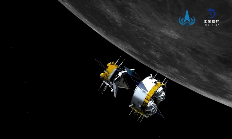 A graphic simulation shows the orbiter and returner combination of China's Chang'e-5 probe after its separation from the ascender.Photo: China National Space Administration
