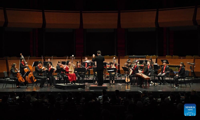 Members of the Bard East/West Ensemble and prominent pipa virtuoso Wu Man perform during the opening concert of the sixth annual China Now Music Festival at Rose Theater at Jazz at Lincoln Center in New York, the United States, on Oct. 4, 2023.  (Xinhua/Li Rui)