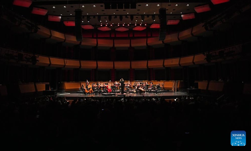 Members of the Bard East/West Ensemble and prominent pipa virtuoso Wu Man perform during the opening concert of the sixth annual China Now Music Festival at Rose Theater at Jazz at Lincoln Center in New York, the United States, on Oct. 4, 2023.  (Xinhua/Li Rui)