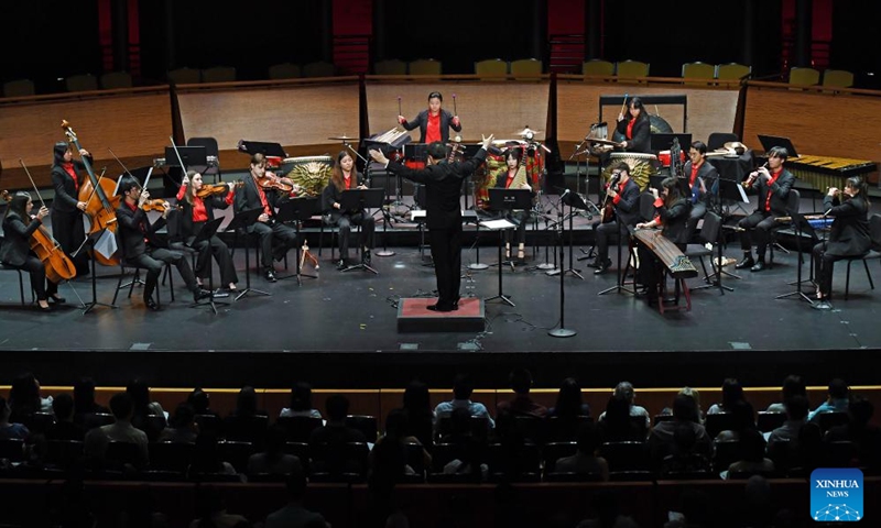 Members of the Bard East/West Ensemble and prominent pipa virtuoso Wu Man perform during the opening concert of the sixth annual China Now Music Festival at Rose Theater at Jazz at Lincoln Center in New York, the United States, on Oct. 4, 2023.  (Xinhua/Li Rui)