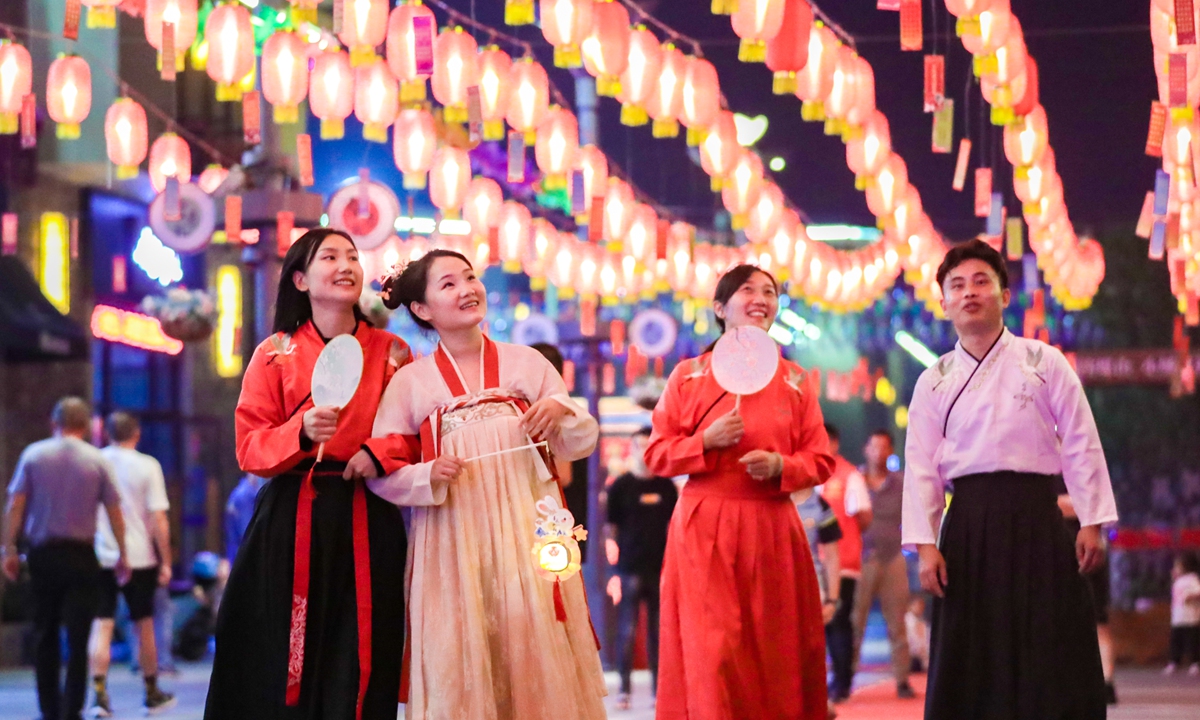 Villagers and tourists enjoy lanterns in Meishan township, Huzhou, East China's Zhejiang Province on September 28, 2023. Photo: VCG
