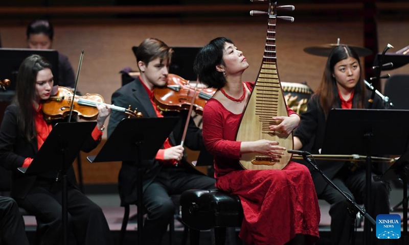 Prominent pipa virtuoso Wu Man (R, Front) performs with members of the Bard East/West Ensemble during the opening concert of the sixth annual China Now Music Festival at Rose Theater at Jazz at Lincoln Center in New York, the United States, on Oct. 4, 2023.  (Xinhua/Li Rui)