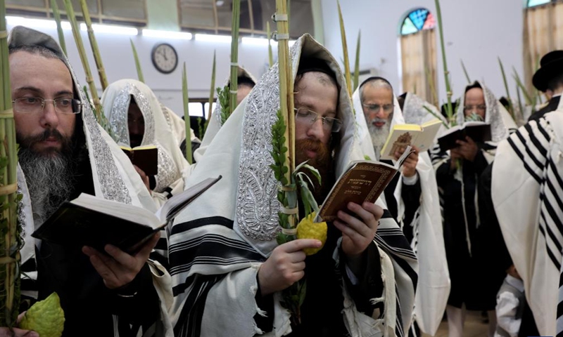 Ultra-orthodox Jews take part in the Hoshana Raba ritual at the end of the week-long Sukkot at a synagogue in Rehovot, Israel, on Oct. 6, 2023. The Sukkot, or Feast of Tabernacles, falling from sunset of Sept. 29 to sunset of Oct. 6 this year, is a biblical week-long holiday that recollects the 40 years of travel in the desert after the Exodus from slavery in Egypt. (Photo by Gil Cohen Magen/Xinhua)