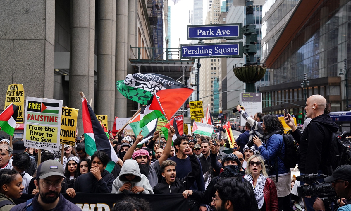 New Yorkers march in support of Palestinians on October 8, 2023 after the Palestinian militant group Hamas launched an attack on Israel, prompting the latter to declare a 