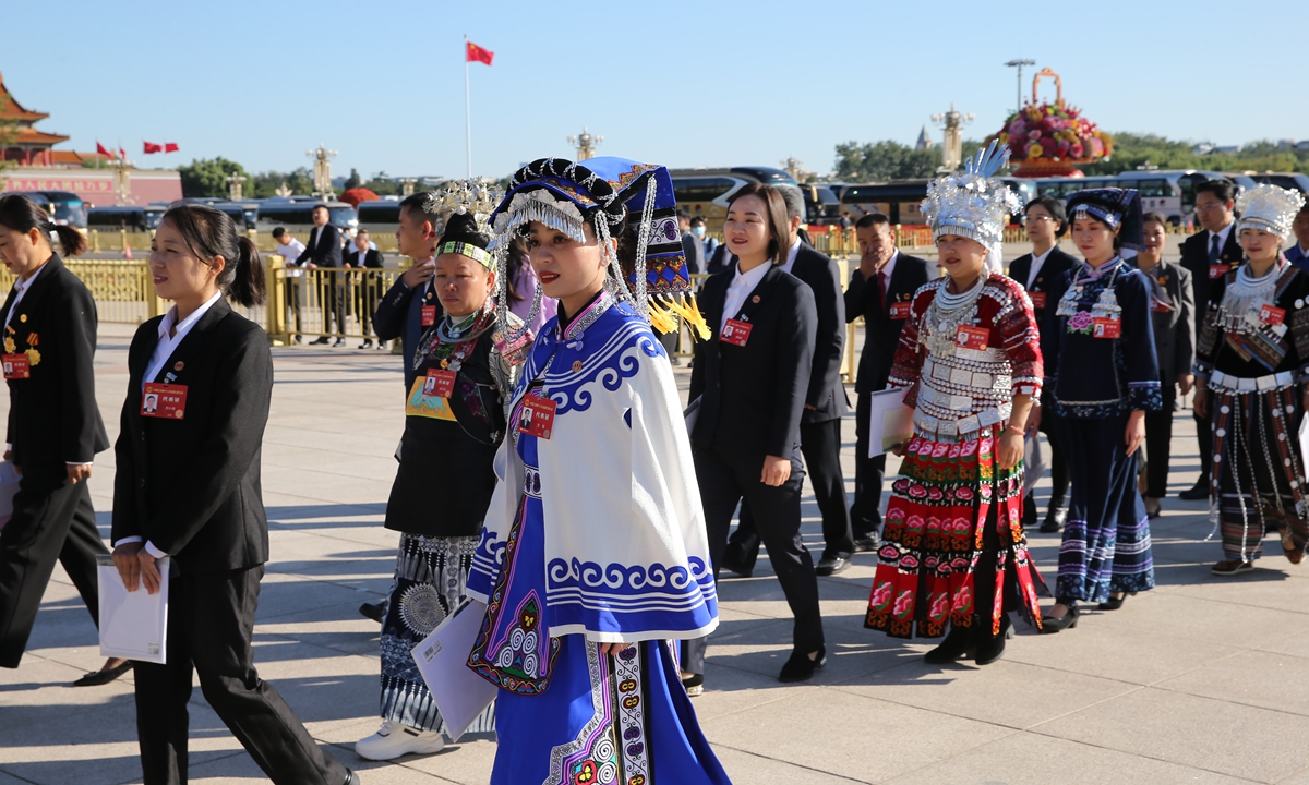 The 18th National Congress of the All-China Federation of Trade Unions (ACFTU) opens in Beijing on October 9, 2023. Nearly 2,000 delegates from various inddustries,as well as more than 50 specially invited delegates, attended the meeting. Photo: VCG