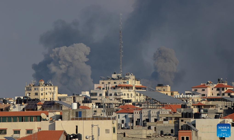 Smoke billows after an Israeli airstrike in Gaza City, on Oct. 10, 2023. At least 900 Palestinians have been killed from the ongoing Israeli attacks on the Gaza Strip, according to the health ministry in Gaza on Tuesday. Meanwhile, at least 1,008 individuals have been killed in Israel since Hamas launched a surprise attack on the country on Saturday, Israel's state-owned Kan TV news reported on Tuesday.(Photo: Xinhua)