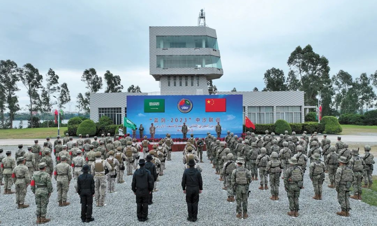 Troops line up at the opening ceremony of the China-Saudi Arabia Blue Sword-2023 joint naval special operations exercise at a camp in Zhanjiang, South China's Guangdong Province, on October 9, 2023. Photo: Courtesy of China's Ministry of National Defense