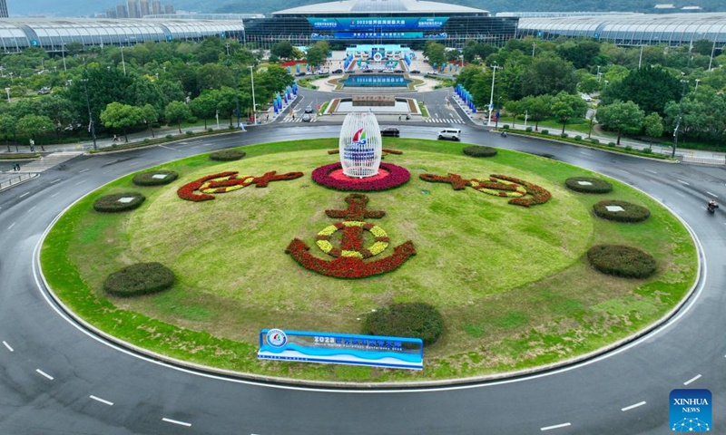This aerial photo taken on Oct. 11, 2023 shows the main venue of the World Marine Equipment Conference 2023 in Fuzhou, southeast China's Fujian Province. (Photo: Xinhua)