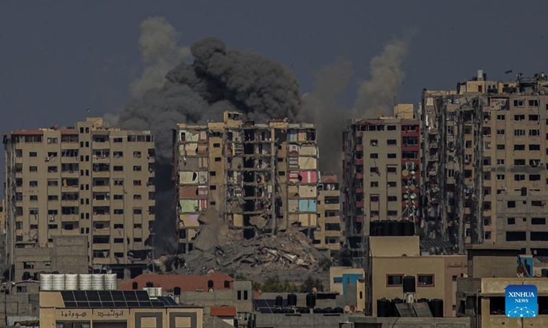 Smoke billows following an Israeli airstrike in Gaza City, on Oct. 12, 2023. Israel on Thursday continued its airstrikes on various areas of the Gaza Strip. (Photo: Xinhua)