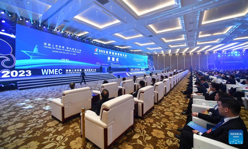 This photo taken on Oct. 12, 2023 shows the opening ceremony of the World Marine Equipment Conference 2023 in Fuzhou, southeast China's Fujian Province.The World Marine Equipment Conference 2023 kicked off Thursday in Fuzhou, east China's Fujian Province, aiming to pool wisdom for fields including technological innovation, equipment manufacturing, and industrial cooperation. (Photo: Xinhua)