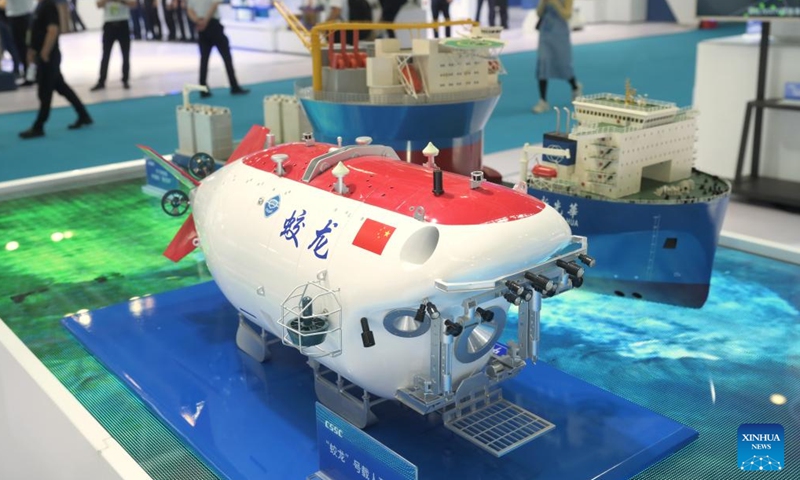 A model of China's deep-sea manned submersible Jiaolong is exhibited at the China Marine Equipment Expo during the World Marine Equipment Conference 2023 in Fuzhou, southeast China's Fujian Province, Oct. 12, 2023. (Photo: Xinhua)