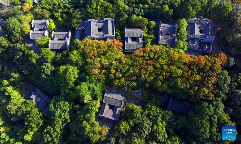 This aerial photo taken on Oct. 14, 2023 shows the autumn scenery in a scenic spot in Zigui County, central China's Hubei Province. (Photo:Xinhua)