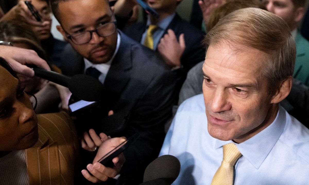 US Representative Jim Jordan, R-OH, departs a Republicans caucus meeting at the Longworth House Office Building on Capitol Hill in Washington, DC, on October 13, 2023. Photo:AFP