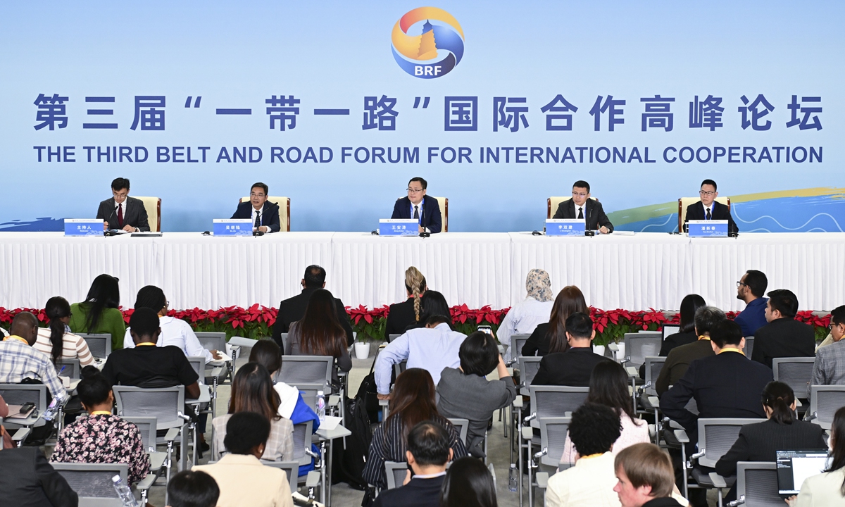 The first press briefing of the Media Center of the third Belt and Road Forum for International Cooperation is held at China National Convention Center in Beijing on October 16, 2023.Photo:VCG