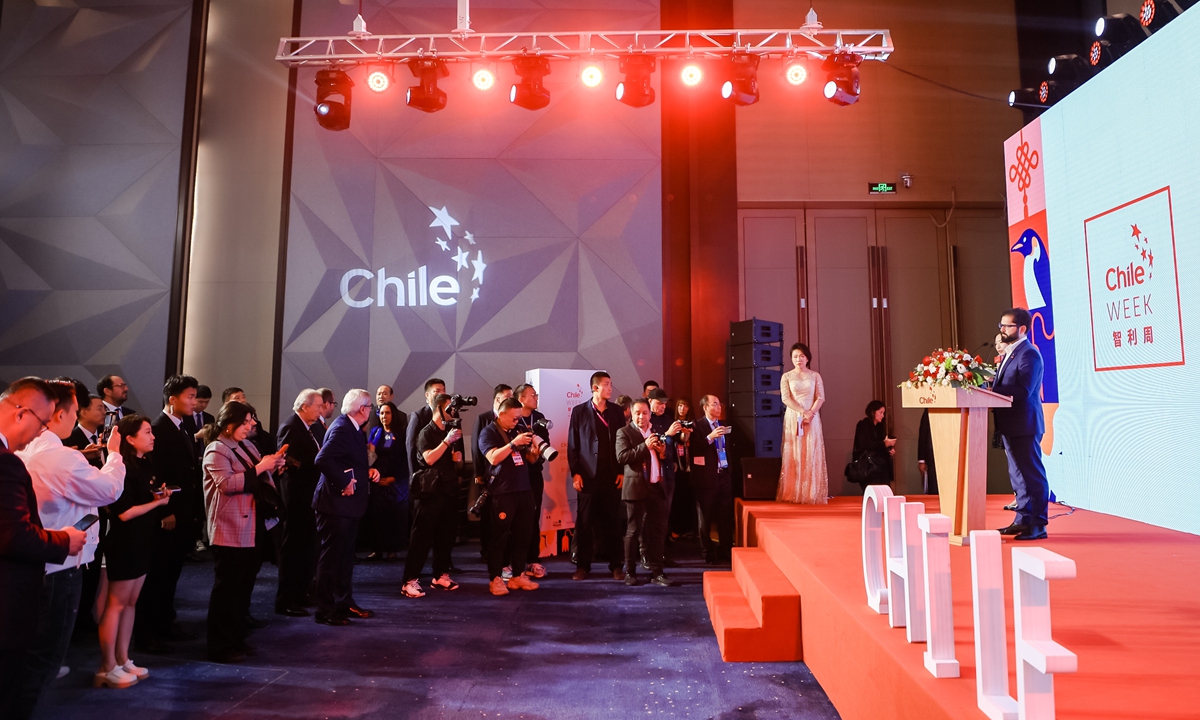 Chilean President Gabriel Boric gives a speech at the Chilean Week event in Beijing on October 16, 2023. Photo: Courtesy of the Chilean Embassy in Beijing