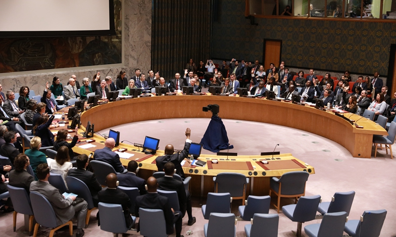The UN Security Council holds a vote for a Brazilian-drafted resolution that calls for humanitarian pauses in Gaza, at the UN headquarters in New York on Oct. 18, 2023. The United States on Wednesday vetoed a Security Council resolution that would have called for humanitarian pauses in Gaza. Photo: Xinhua