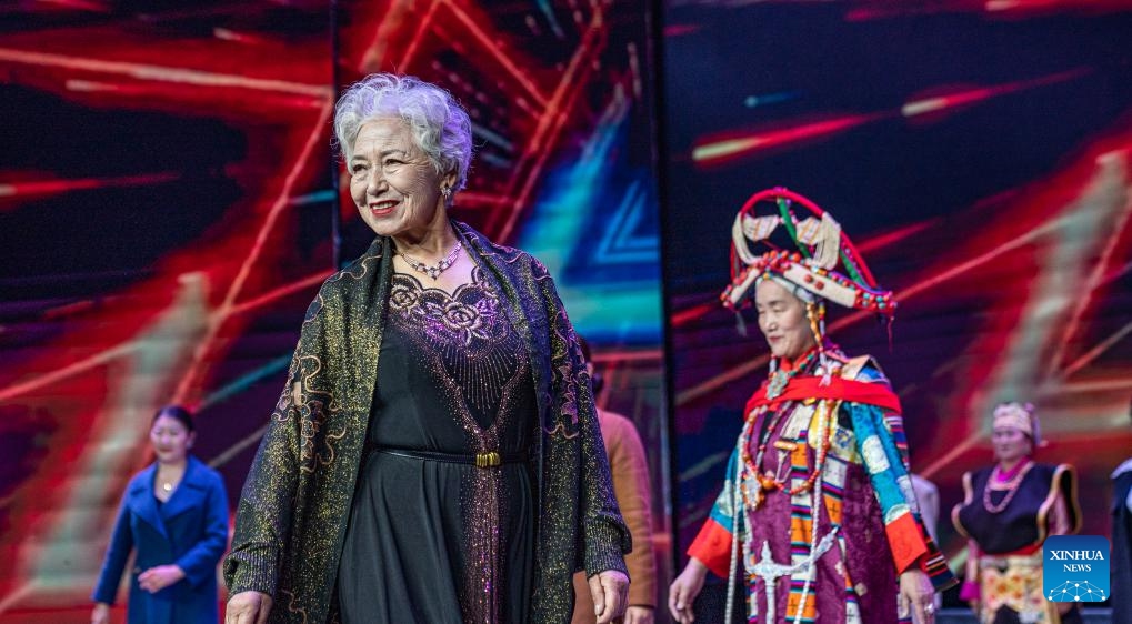 Senior artists perform during an art show celebrating the Chongyang Festival in Lhasa, southwest China's Tibet Autonomous Region, Oct. 23, 2023. An art show, presented by senior artists from various elderly troupes in Tibet, was held in Lhasa on Monday to celebrate the Chongyang Festival or the Double Ninth Festival for the elders.(Photo: Xinhua)