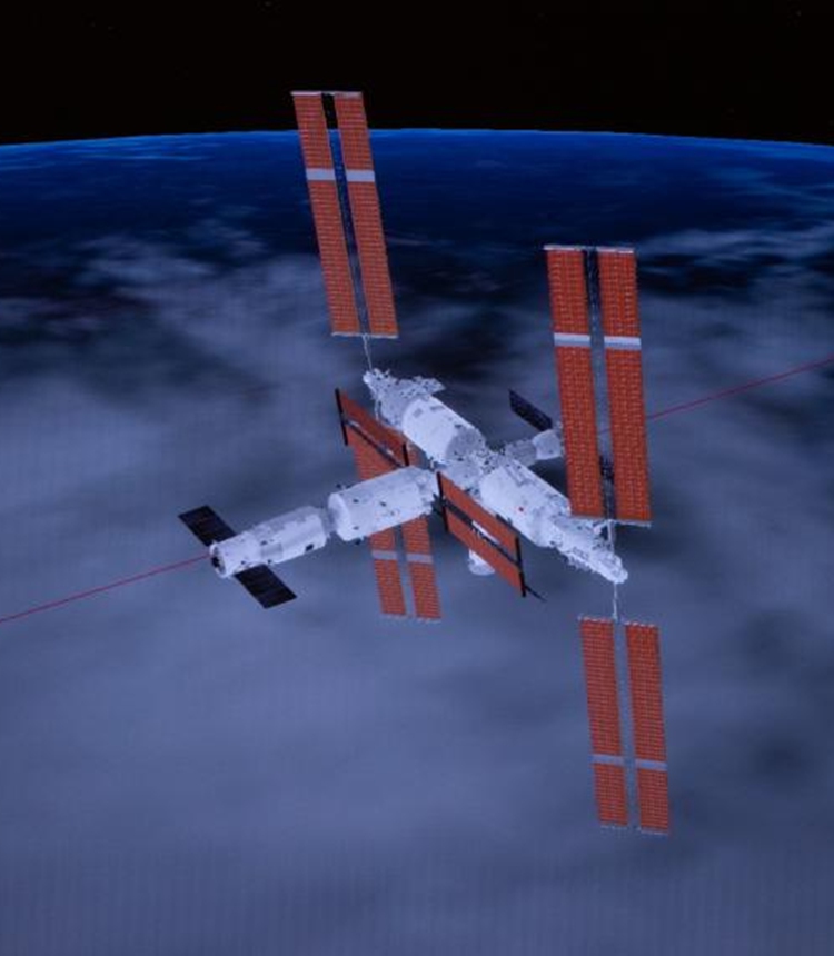 This simulated image captured at Beijing Aerospace Control Center on Oct. 26, 2023 shows China's Shenzhou-17 manned spaceship and the space station combination.(Photo: Xinhua)
