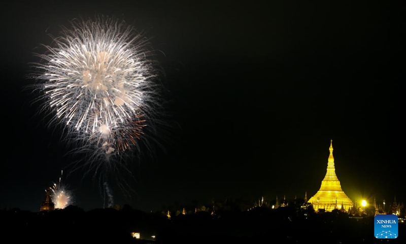 Fireworks explode during the Thadingyut festival in Yangon, Myanmar, Oct. 28, 2023. (Photo: Xinhua)