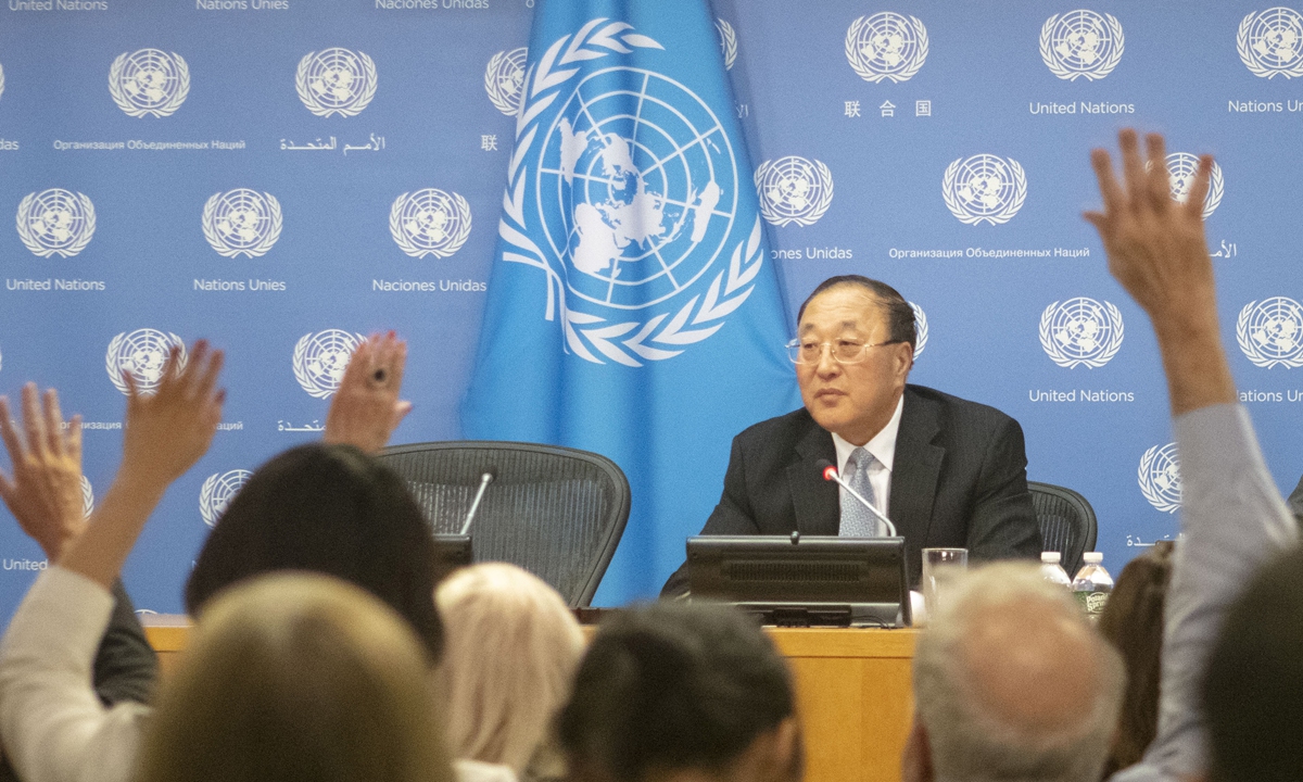 Zhang Jun, China's permanent representative to the United Nations and the incumbent president of the UN Security Council, speaks at a press briefing on November 1, 2023 in UN headquarters, where he said a Gaza cease-fire was a 