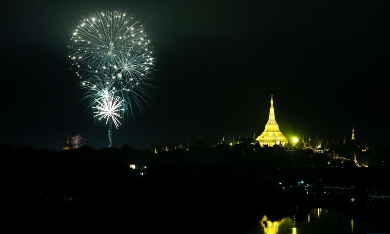 Fireworks explode during the Thadingyut festival in Yangon, Myanmar, Oct. 28, 2023. (Photo: Xinhua)