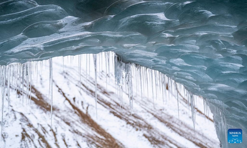 This photo taken on Oct. 27, 2023 shows an ice cave near Puyu Village of Banbar County, Qamdo, southwest China's Tibet Autonomous Region. (Photo: Xinhua)