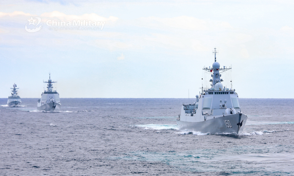 Ships attached to a destroyer flotilla with the navy under the PLA Eastern Theater Command sail in formation en route to a multi-subject training exercise in East China Sea. The ships' journey took two days from October 13 to 14 before reaching the training waters. Photo:China Military
