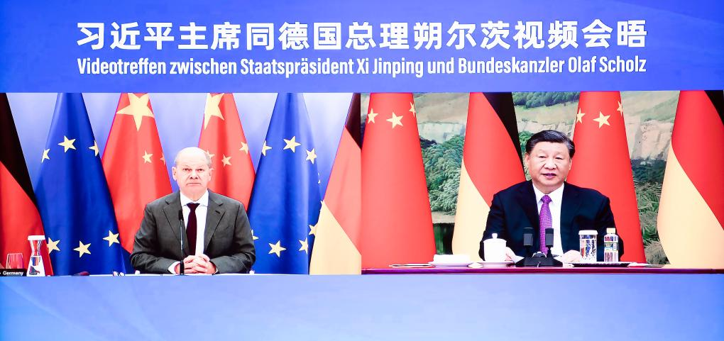 Chinese President Xi Jinping meets with German Chancellor Olaf Scholz via video link on Nov 3, 2023. Photo:Xinhua