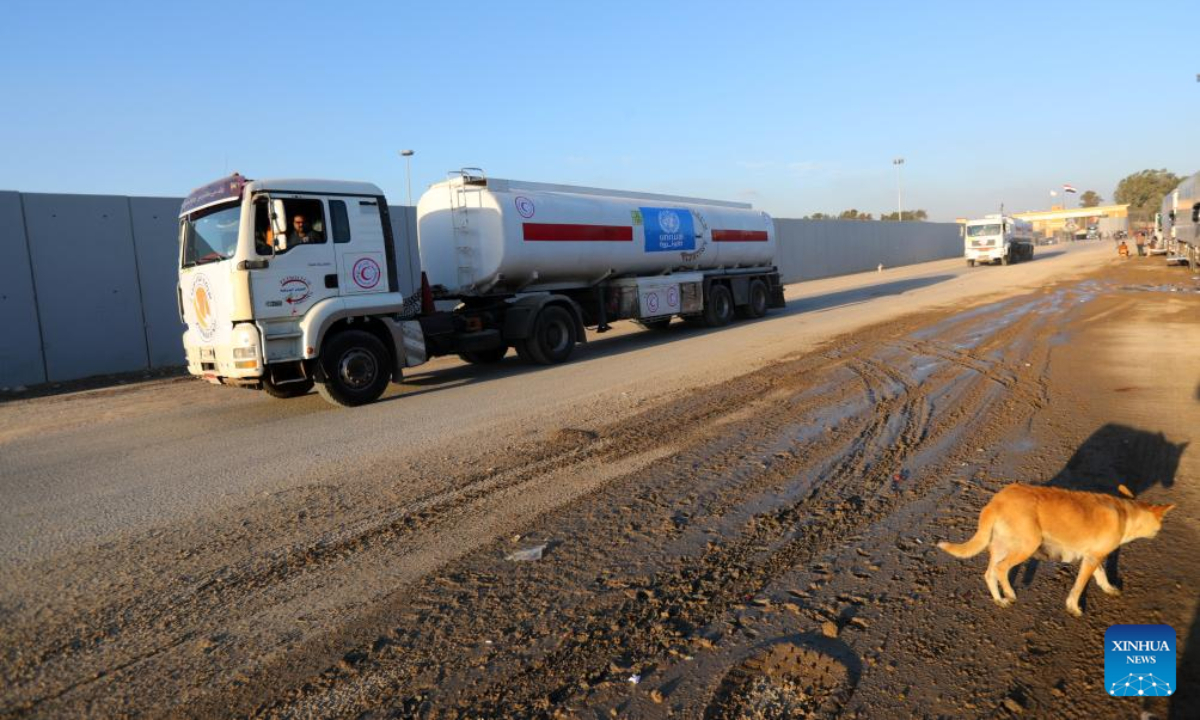 Fuel trucks return to Egypt from Gaza Strip through Rafah crossing on Nov 30, 2023. A total of 2,781 trucks loaded with humanitarian aid have so far entered the Gaza Strip through the Rafah crossing, the only linking point between Egypt and the Palestinian enclave, Egypt's State Information Service (SIS) said Thursday. Photo:Xinhua