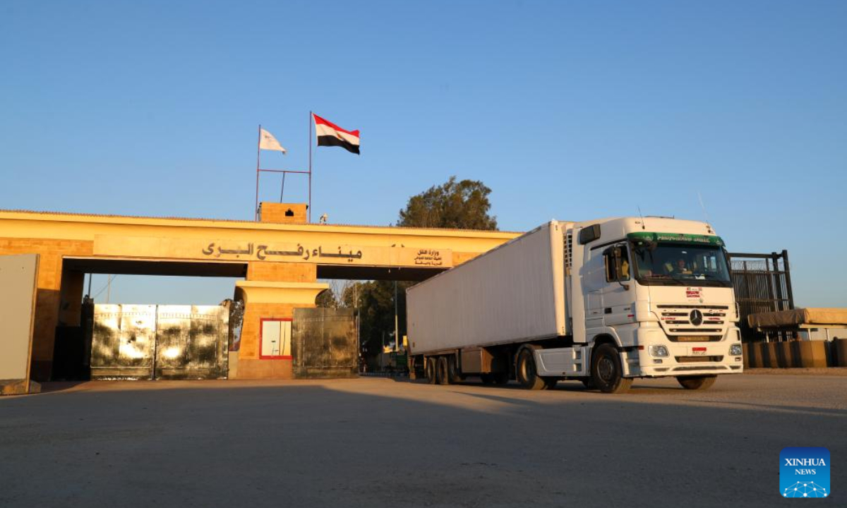 A truck returns to Egypt from Gaza Strip through Rafah crossing on Nov 30, 2023. A total of 2,781 trucks loaded with humanitarian aid have so far entered the Gaza Strip through the Rafah crossing, the only linking point between Egypt and the Palestinian enclave, Egypt's State Information Service (SIS) said Thursday. Photo:Xinhua