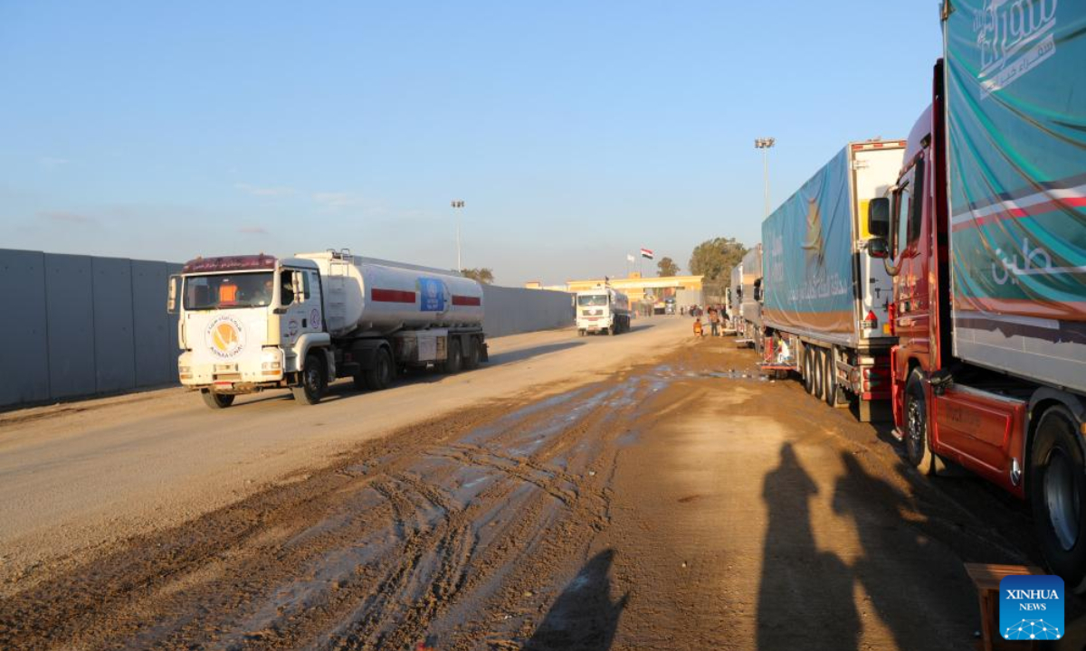 Fuel trucks return to Egypt from Gaza Strip through Rafah crossing on Nov 30, 2023. A total of 2,781 trucks loaded with humanitarian aid have so far entered the Gaza Strip through the Rafah crossing, the only linking point between Egypt and the Palestinian enclave, Egypt's State Information Service (SIS) said Thursday. Photo:Xinhua