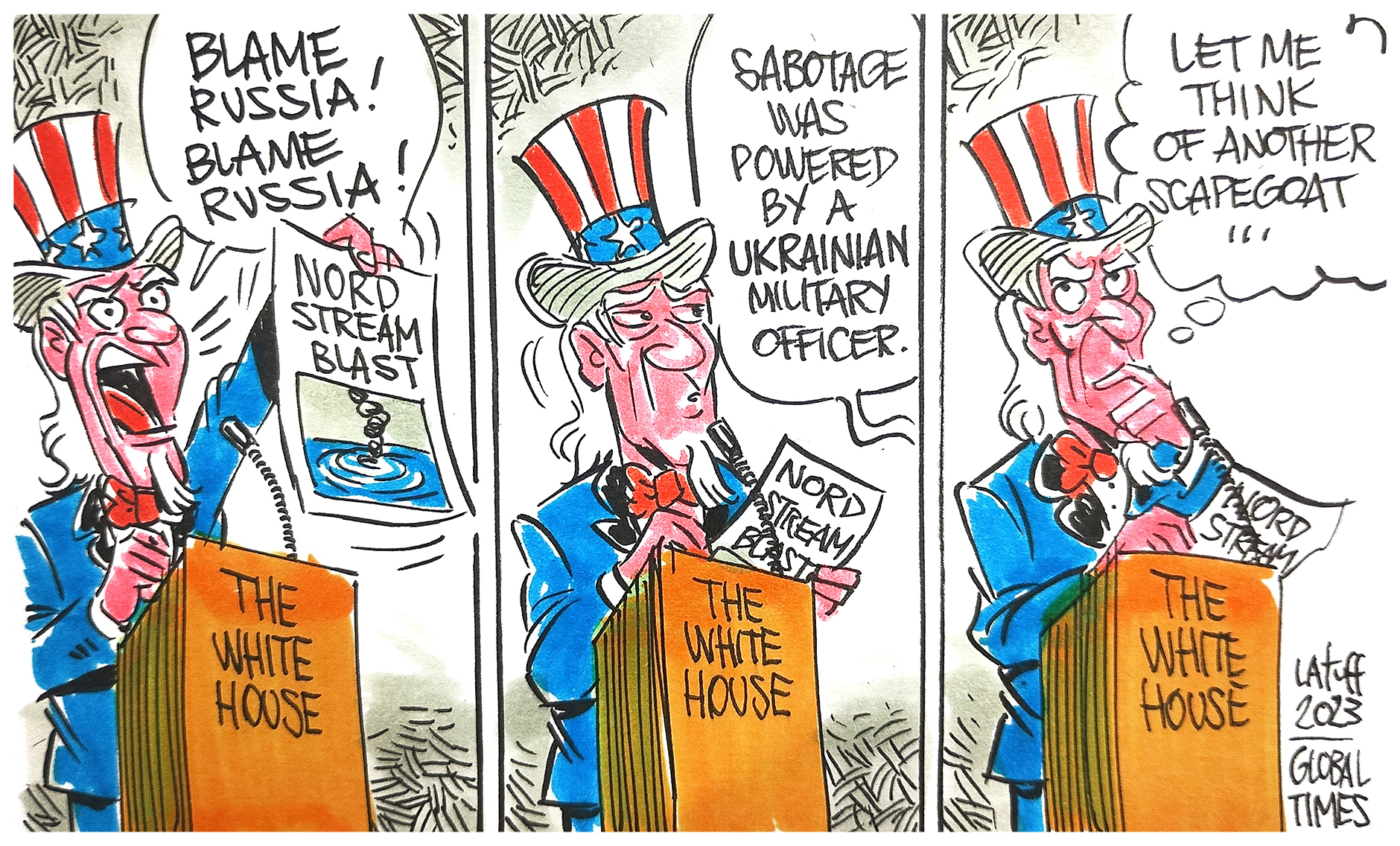Uncle Sam's blame game. Cartoon: Carlos Latuff