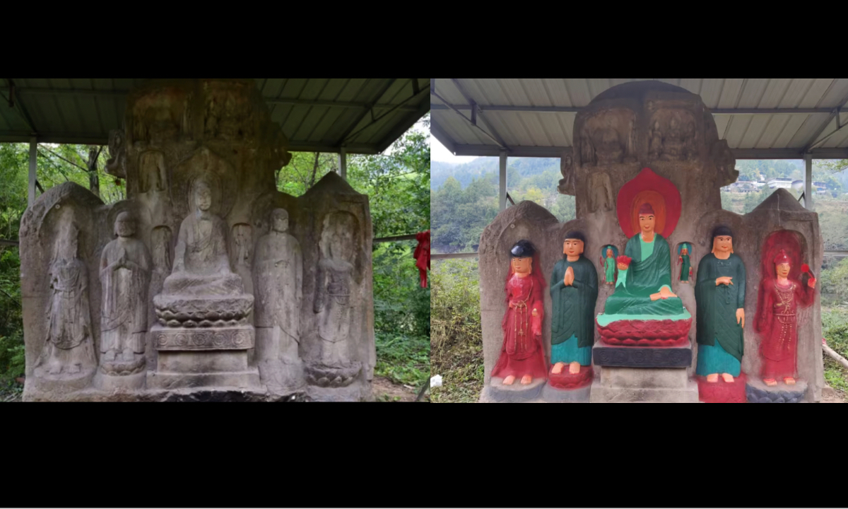 Before and after the Buddha statues created in late Northern Wei (386-534) during the Northern and Southern Dynasties (386-589) in Bazhong city, Southwest China’s Sichuan Province, were painted with colors. Photo: Sina Weibo