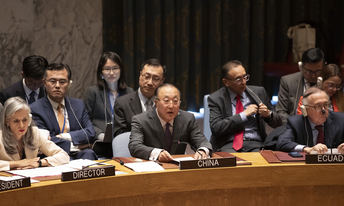 After China vetoes a draft resolution on Palestinian-Israeli conflict at the UN headquarters in New York, Zhang Jun (center), China's permanent representative to the UN, offers an explanation of the vote, on October 25, 2023. Photo: Xinhua