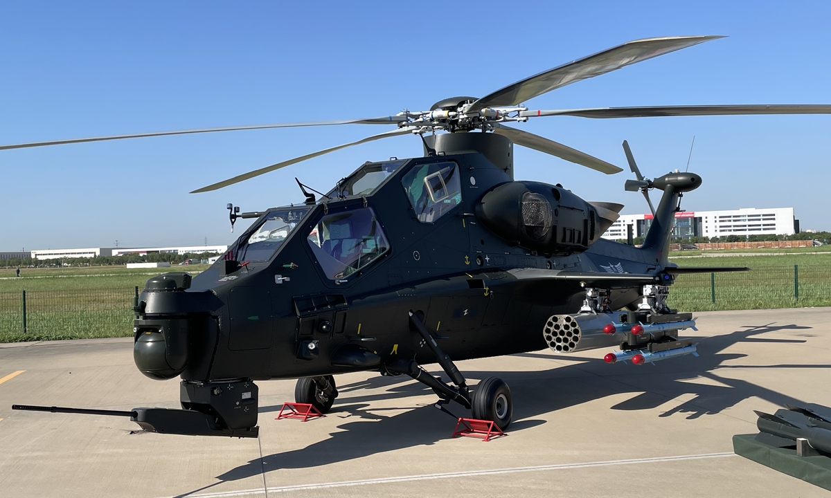 This photo taken on September 14, 2023 shows a Z-10 attack helicopter affiliated with the Chinese People's Liberation Army equipped with a 19-tube rocket launcher on display at the 6th China Helicopter Exposition. The exposition is being held in North China's Tianjin Municipality from September 14-17, 2023. Photo: Liu Xuanzun/GT