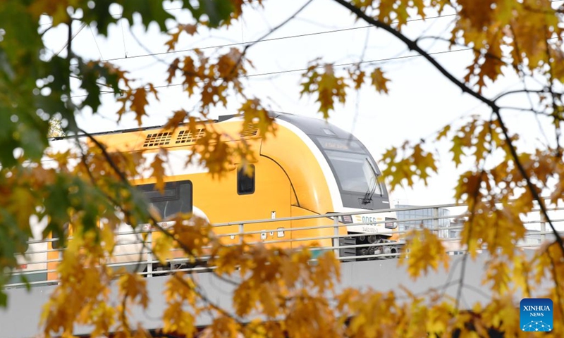 A train runs among autumn leaves in the urban area of Berlin, Germany, Nov. 2, 2023. (Photo:Xinhua)