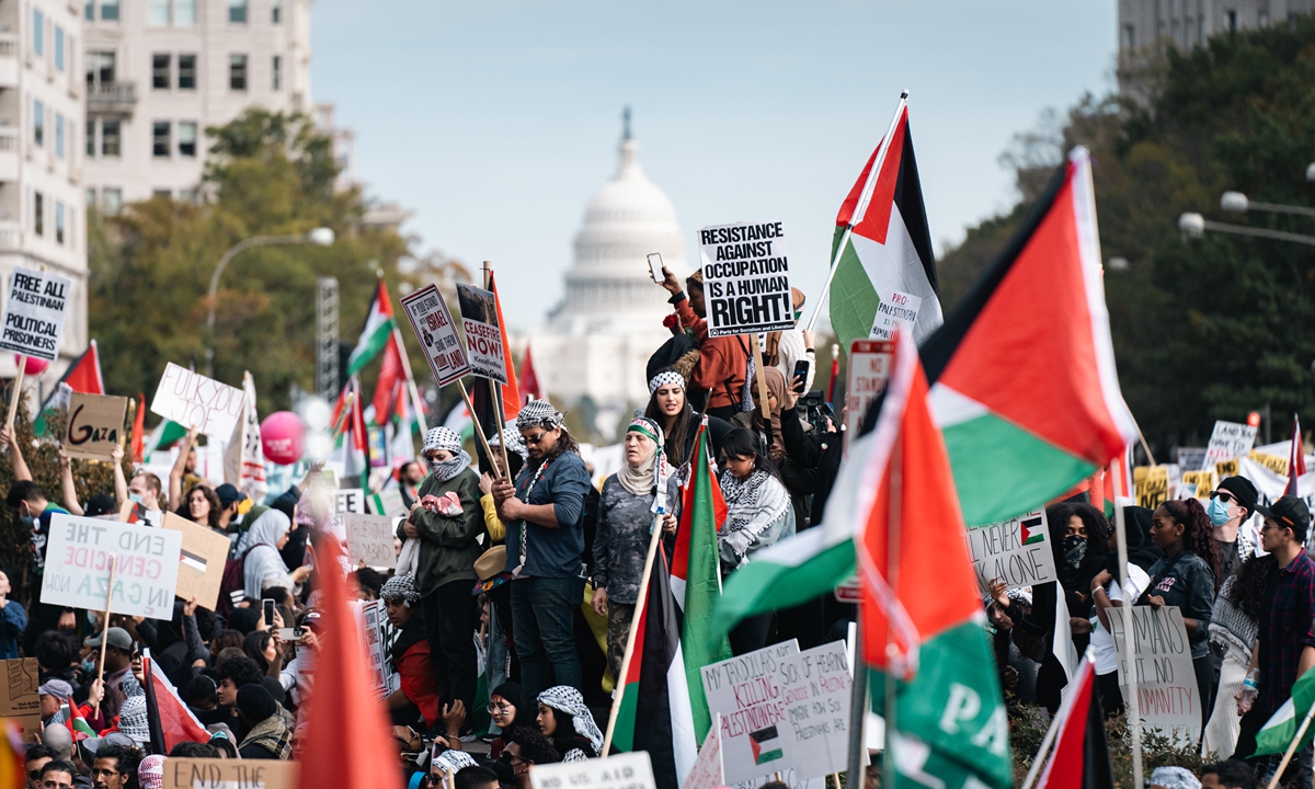 Protesters gather while holding flags and signs during the pro-Palestinian demonstration at Freedom Plaza in Washington, DC Photo: VCG