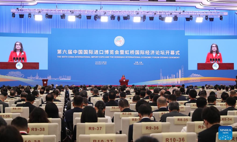 Rebeca Grynspan, secretary-general of the United Nations Conference on Trade and Development (UNCTAD), addresses the opening ceremony of sixth China International Import Expo (CIIE) and the Hongqiao International Economic Forum in east China's Shanghai, Nov. 5, 2023. (Photo: Xinhua)