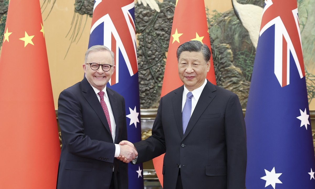 Chinese President Xi Jinping meets with Australian Prime Minister Anthony Albanese at the Great Hall of the People in Beijing on Monday. Photo: Xinhua