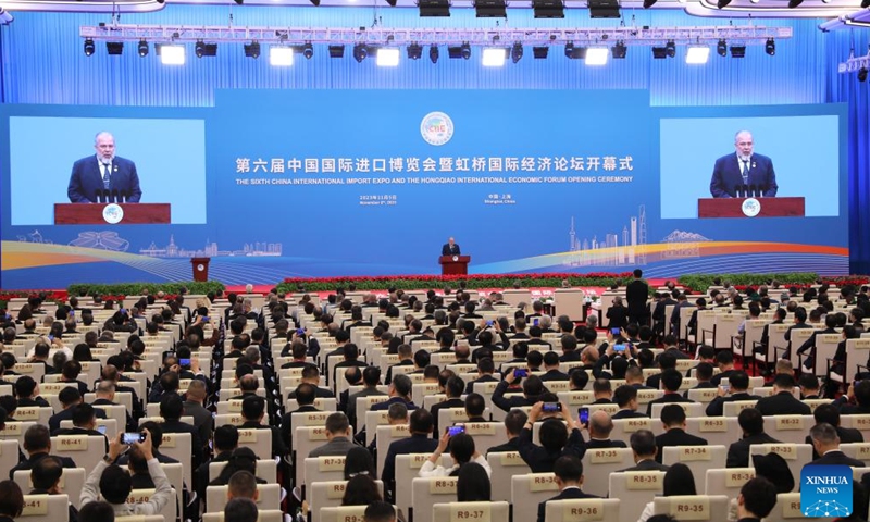 Cuban Prime Minister Manuel Marrero Cruz addresses the opening ceremony of sixth China International Import Expo (CIIE) and the Hongqiao International Economic Forum in east China's Shanghai, Nov. 5, 2023. (Photo: Xinhua)