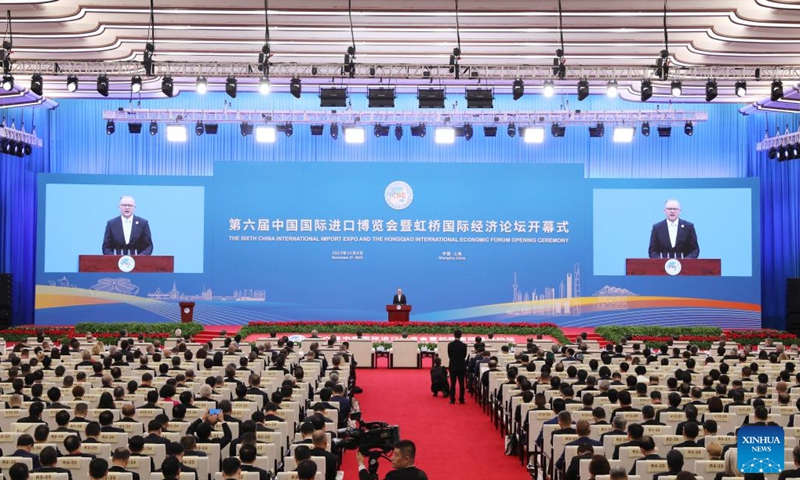 Australian Prime Minister Anthony Albanese addresses the opening ceremony of sixth China International Import Expo (CIIE) and the Hongqiao International Economic Forum in east China's Shanghai, Nov. 5, 2023. (Photo: Xinhua)
